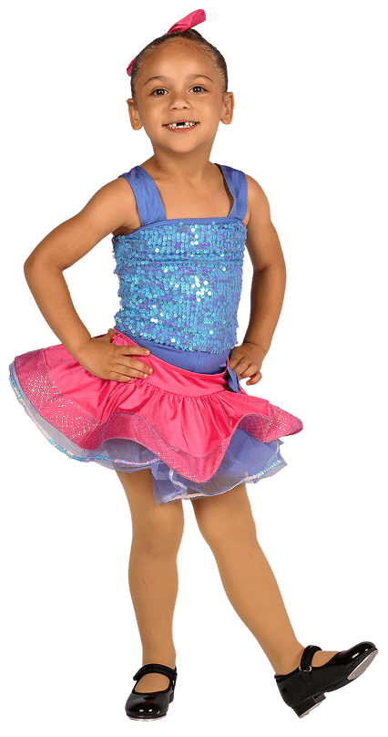 Young dancer in a blue sequin top and pink tutu