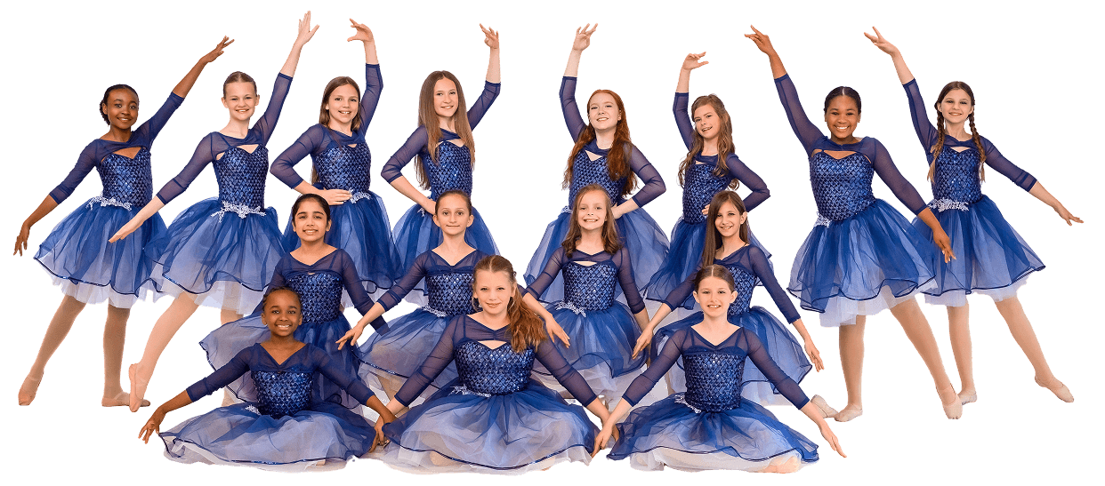 Company dancers posing together in navy blue costumes