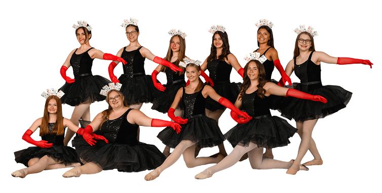 Empower dancers posing in black costumes with red ribbons