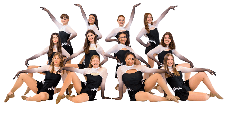 Inspire teen dancers posing together in black and rose costumes