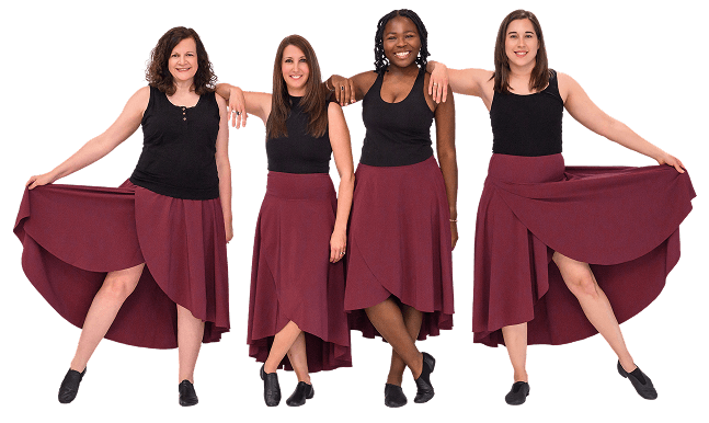 Uplift adult dancers in black tops and burgundy skirts