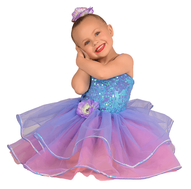 Young dancer in a sparkly blue and purple costume