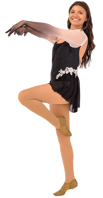 Inspire teen dancer posing in a black costume with sheer sleeves